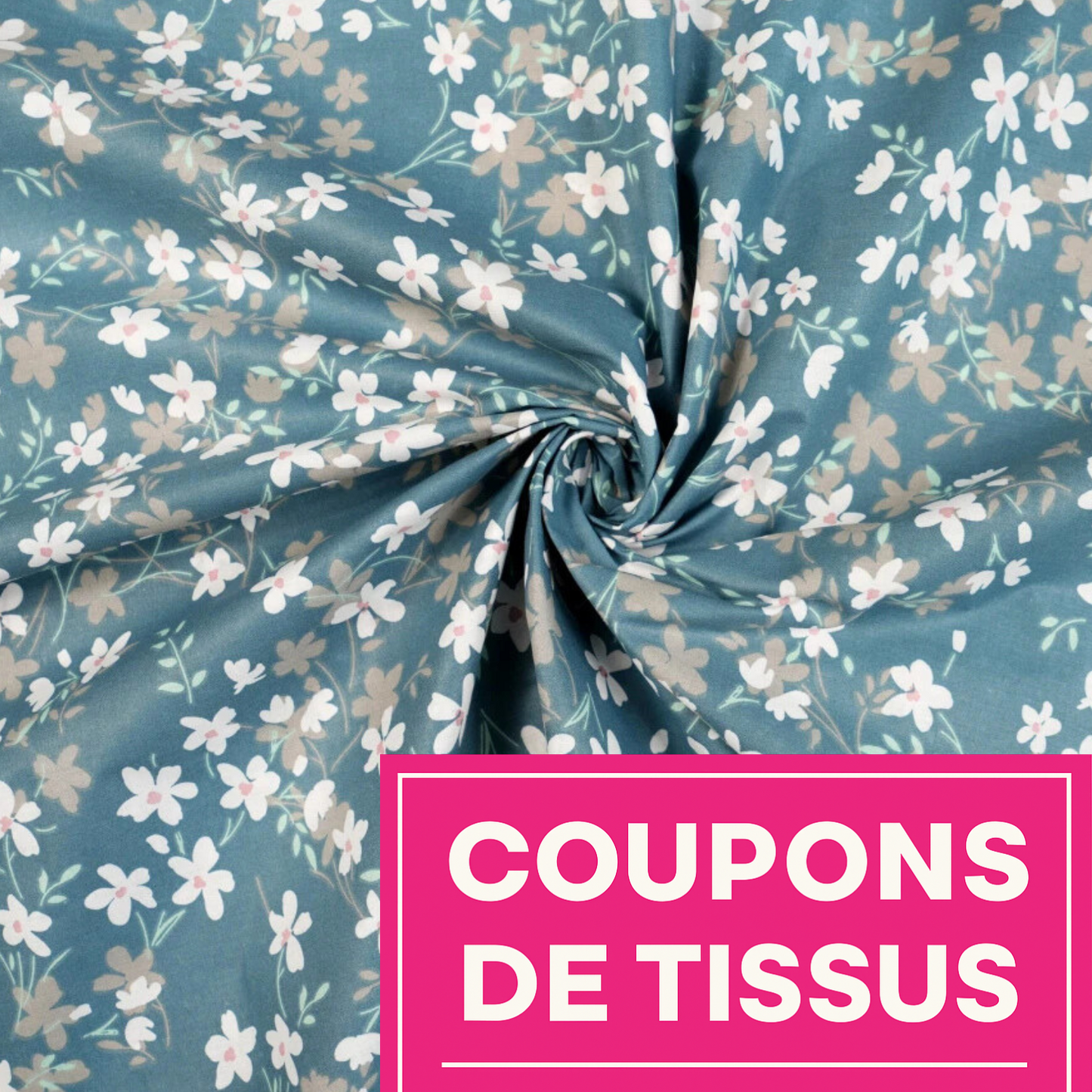 Coupon 50x50cm - Tissu coton Motif fleurs bleu