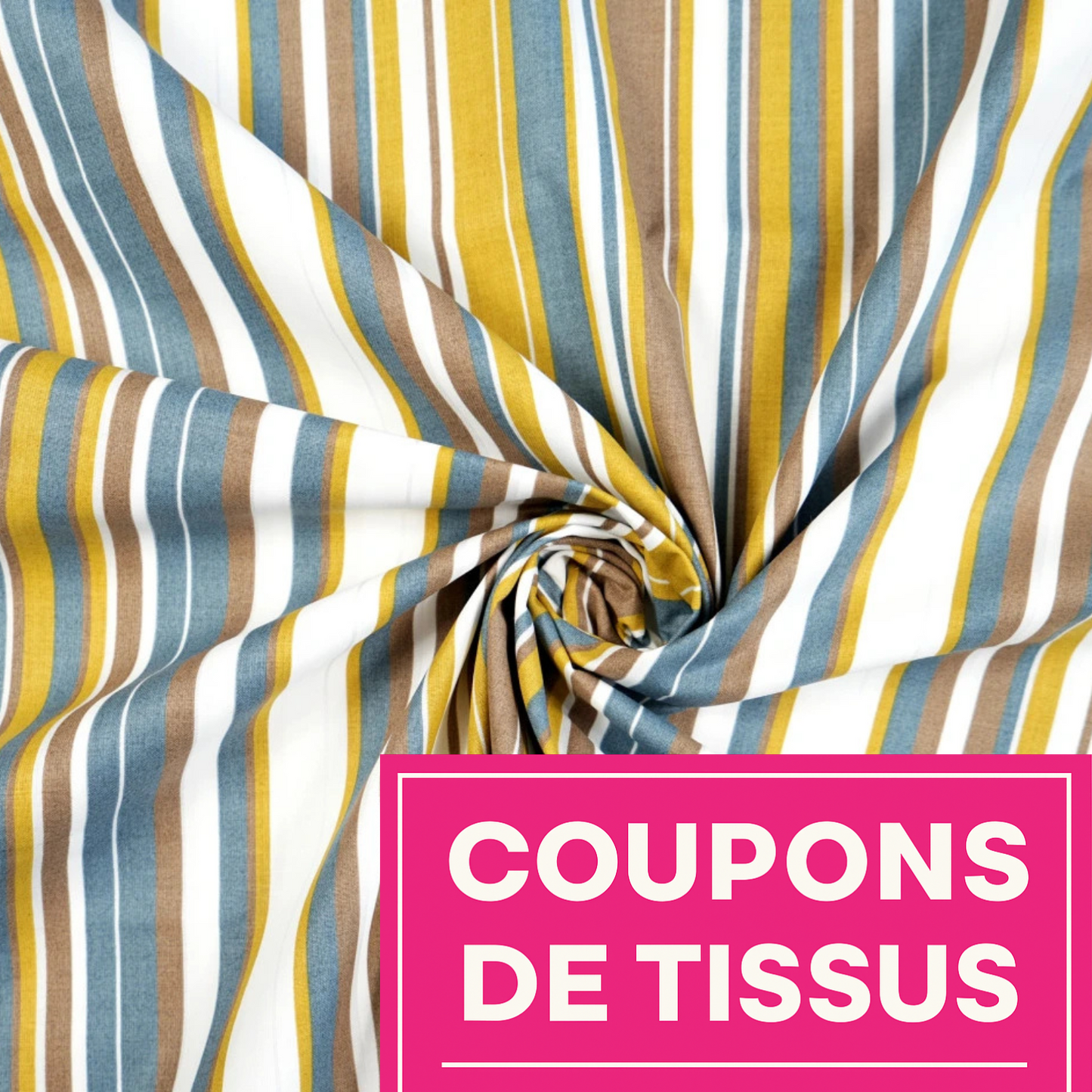 Coupon 50x50cm - Tissu coton Motif rayures moutarde et bleu jeans