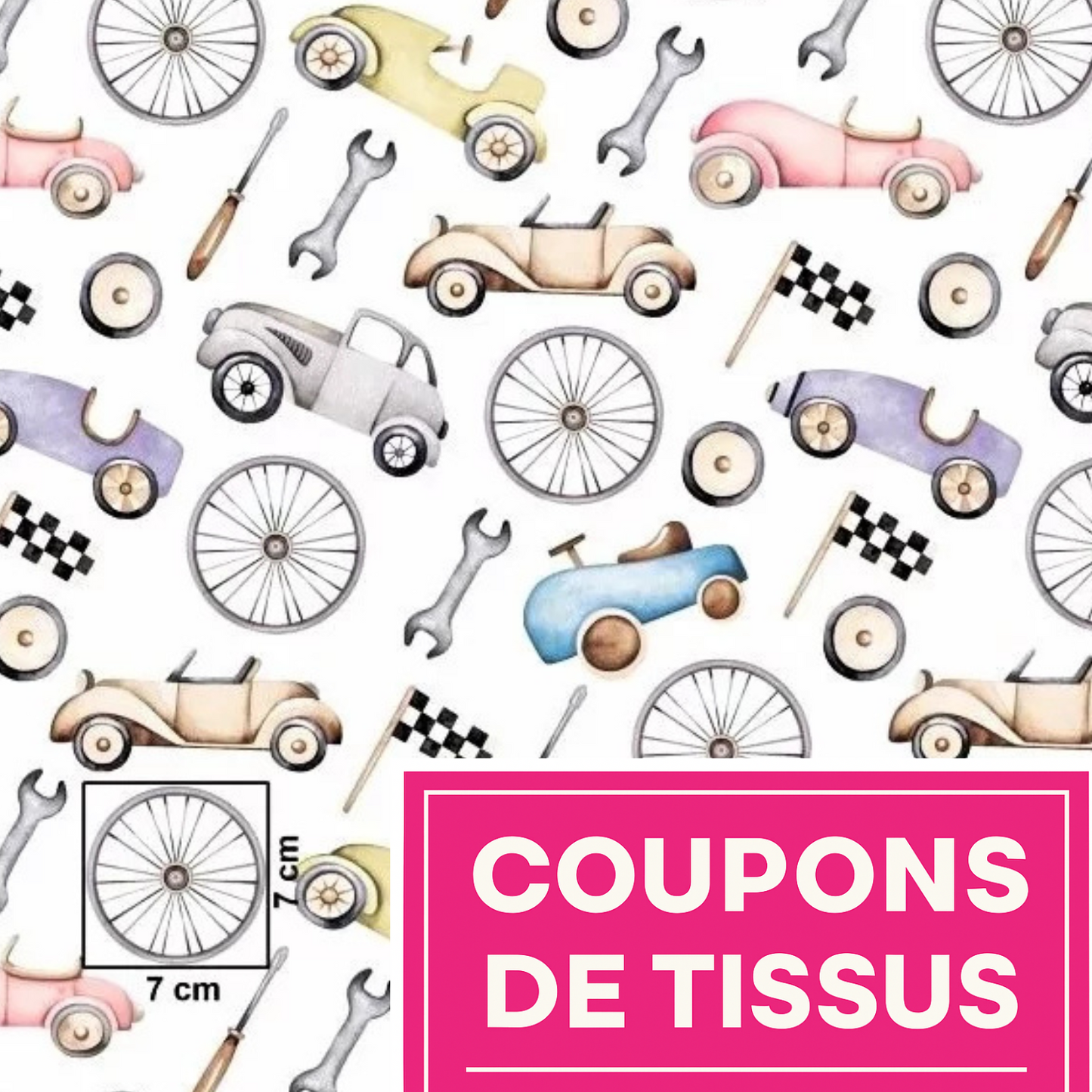 Coupon 50x50cm - Tissu coton Motif voitures