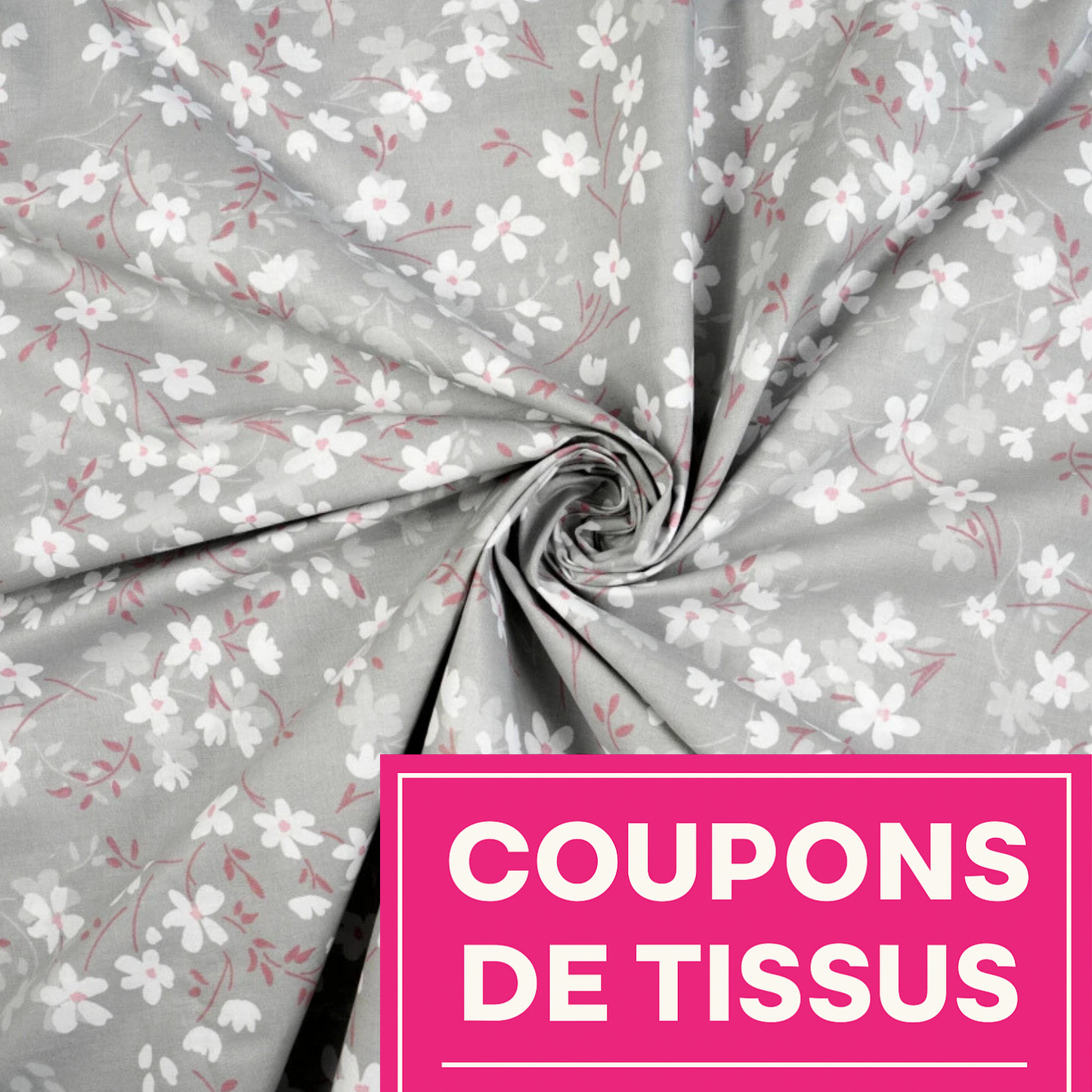Coupon 50x50cm - Tissu coton Motif fleurs gris