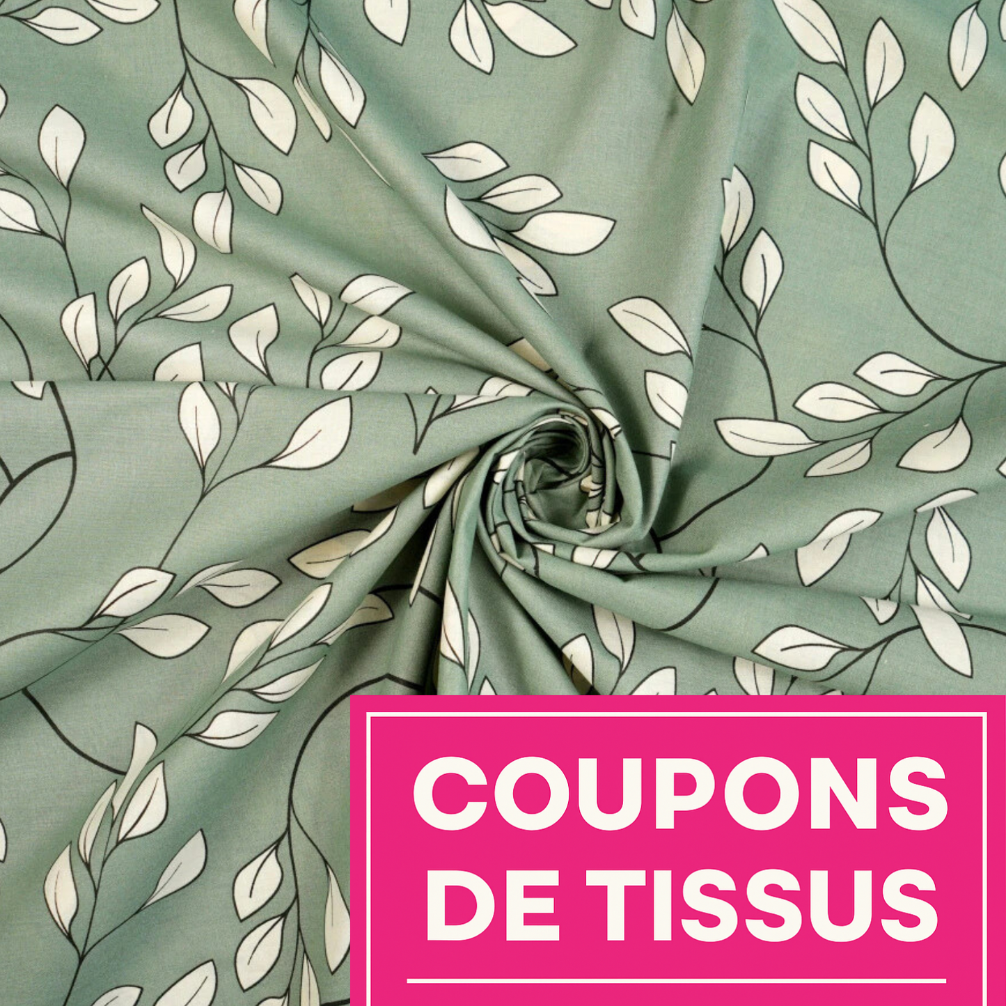 Coupon 50x50cm - Tissu coton Motif fleurs vert sauge