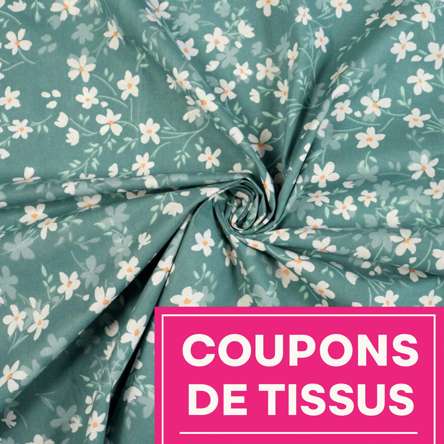 Coupon 50x50cm - Tissu coton Motif fleurs vert