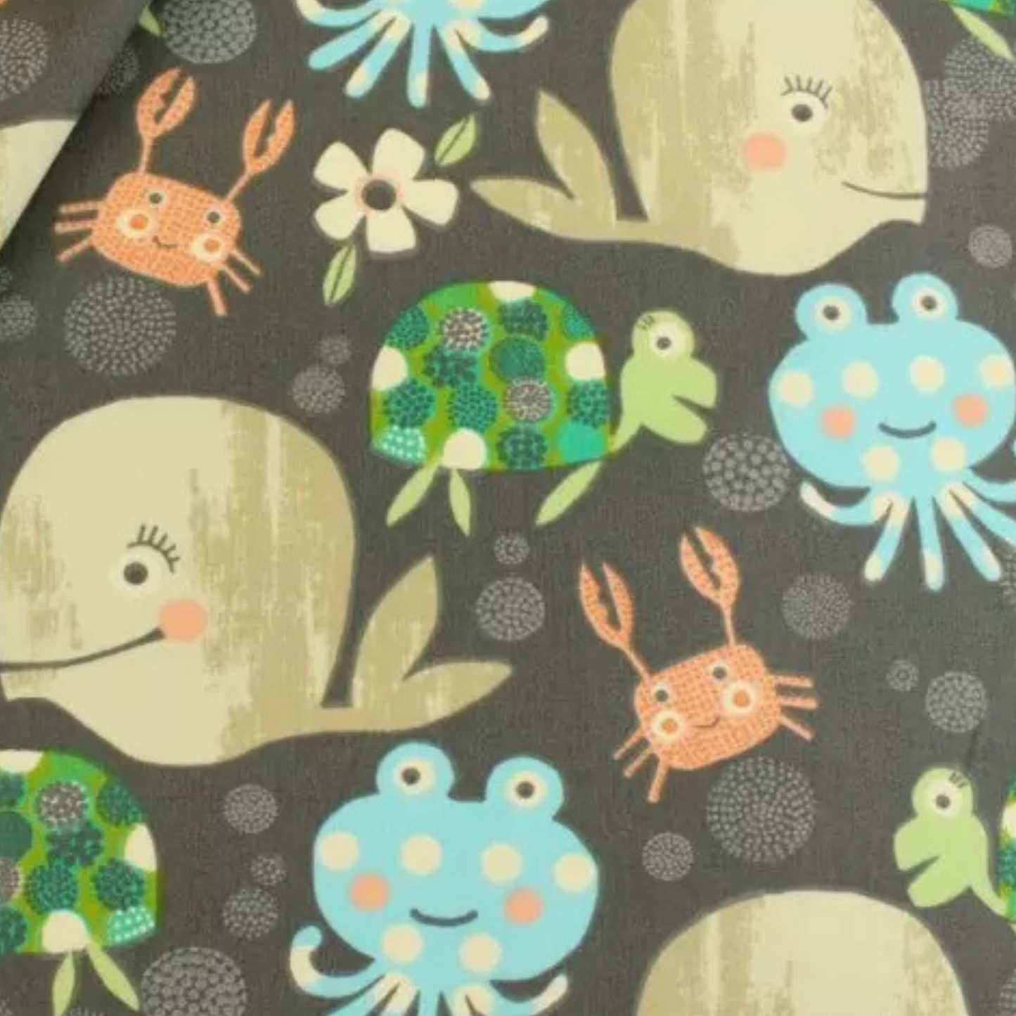 Coupon 50x50cm - Tissu coton Motif poulpes, baleines et tortues